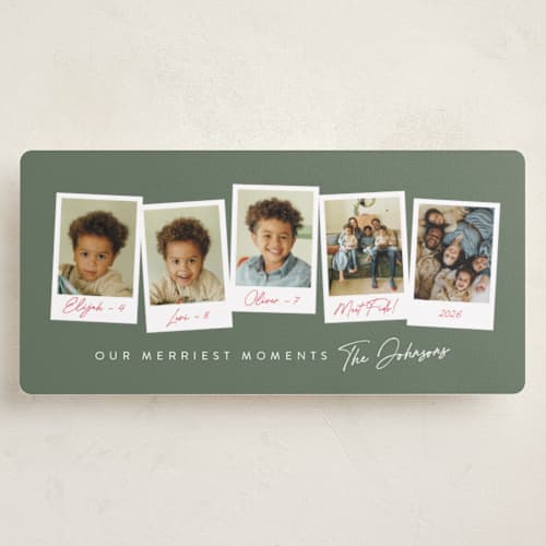 This is a holly holiday photo cards with standard by Meggy Masters called merriest moments printing on recycled smooth signature in tall