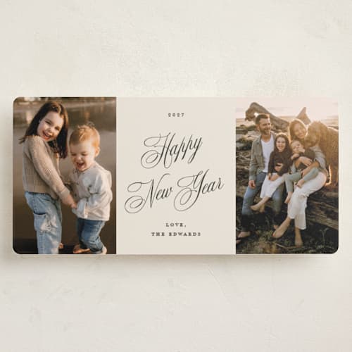 This is a black tie holiday photo cards with standard by Carolyn MacLaren called duo center script printing on recycled smooth signature in tall