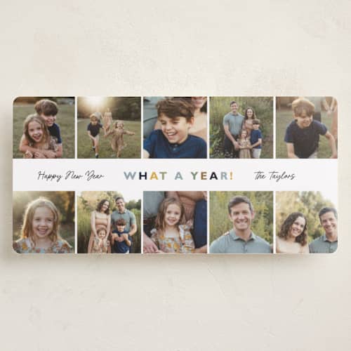 This is a maize holiday photo cards with standard by Alethea and Ruth called what a year array printing on recycled smooth signature in tall