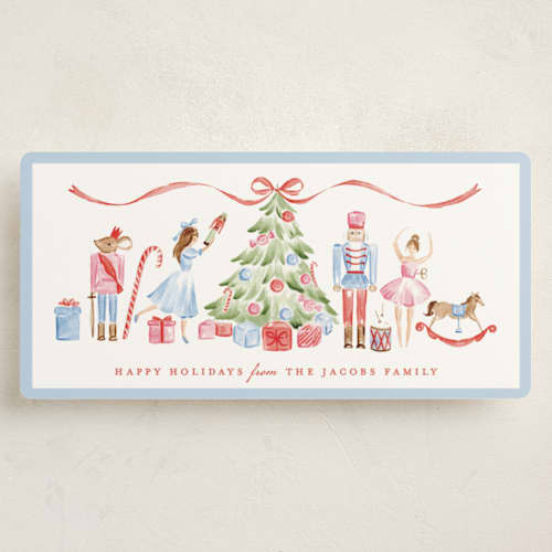 This is a poinsettia holiday photo cards with standard by Sarah Knight called nutcracker scene printing on signature in tall
