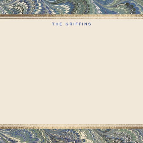 This is a blue spruce foil stamped stationery with foil pressed by Jenna Holcomb called marbled printing on signature in 4.25x5.5