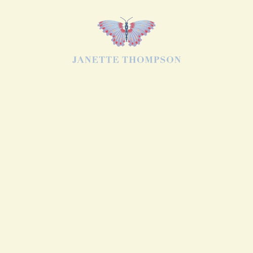 This is a periwinkle personalized stationery thank you cards with standard by IGGI called butterfly notecard printing on signature in 4.25x5.5