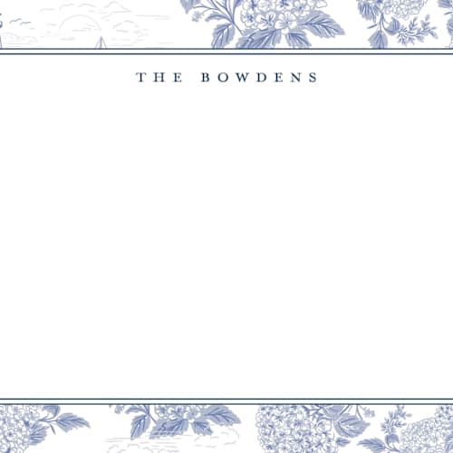 This is a periwinkle personalized stationery thank you cards with standard by Jenna Holcomb called coastal toile printing on signature in 4.25x5.5