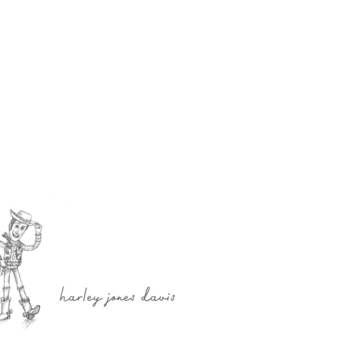 This is a cloud personalized stationery thank you cards with standard by Anna Black called pixar's woody in pencil printing on signature in 4.25x5.5