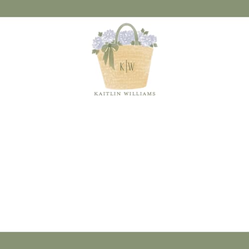 This is a sage green personalized stationery thank you cards with standard by Madhvi Samimi called hydrangea tote printing on signature in 4.25x5.5