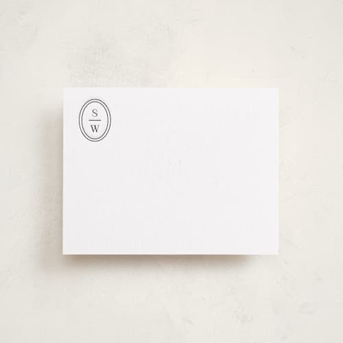This is a soft black personalized stationery thank you cards with letterpress by Meagan Christensen called cosmopolitan printing on white cotton in standard