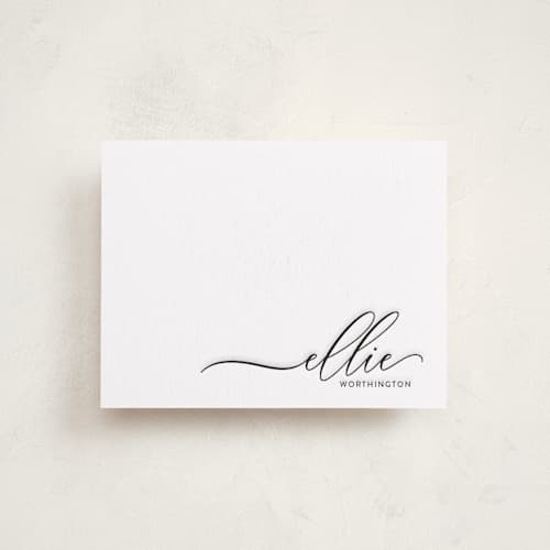 This is a soft black personalized stationery thank you cards with letterpress by Lori Wemple called pretty script printing on white cotton in standard