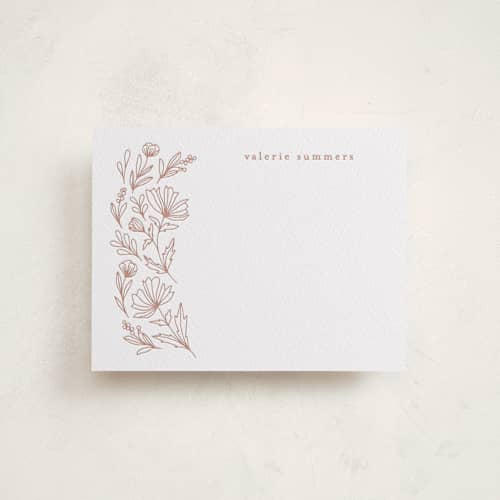 This is a cinnamon personalized stationery thank you cards with letterpress by Heather Cairl called pressed botanicals printing on white cotton in standard