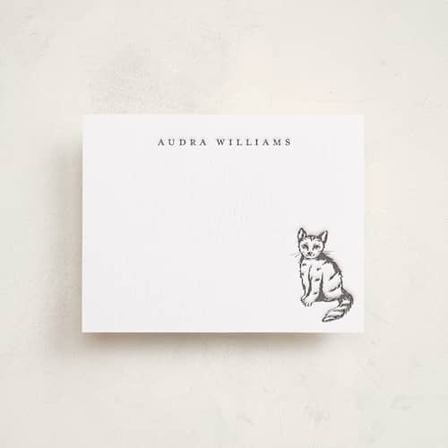 This is a graphite personalized stationery thank you cards with letterpress by Teju Reval called furry friend printing on white cotton in standard