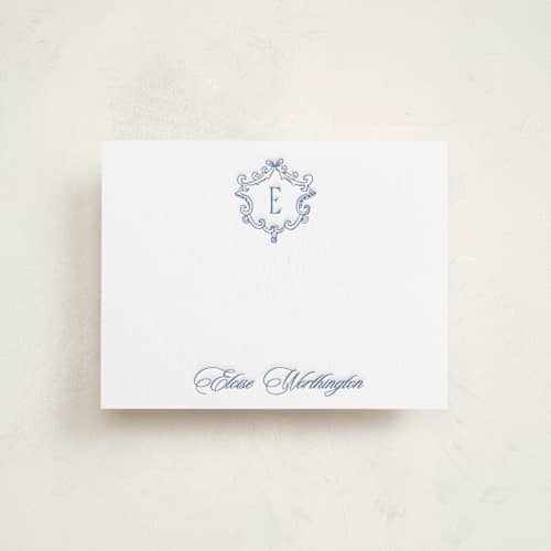 This is a pacific blue personalized stationery thank you cards with letterpress by Creo Study called classic crest printing on white cotton in standard