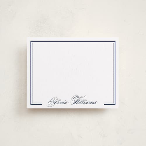 This is a blueberry personalized stationery thank you cards with letterpress by Emily Betts called formal border printing on white cotton in standard
