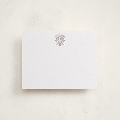 This is a dove grey personalized stationery thank you cards with letterpress by Jenna Holcomb called classically printing on white cotton in standard