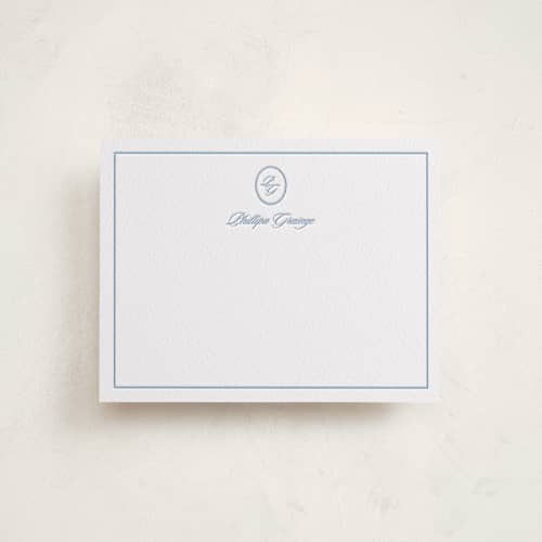 This is a robin's egg personalized stationery thank you cards with letterpress by Creo Study called scripted printing on white cotton in standard