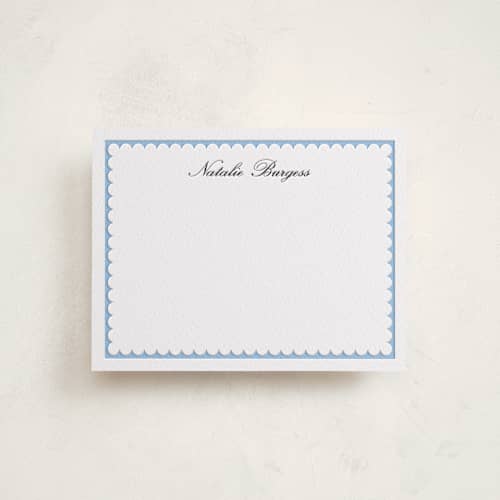 This is a soft black | robin's egg personalized stationery thank you cards with letterpress by Catherine Culvenor called sweetly scalloped printing on white cotton in standard