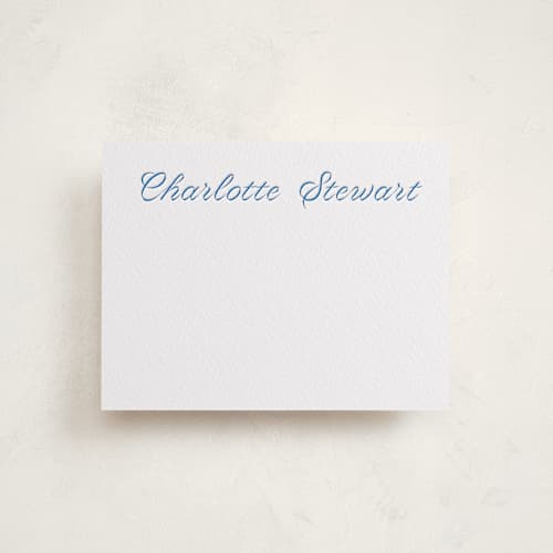 This is a marine blue personalized stationery thank you cards with letterpress by Megan Davis called blue ribbon printing on white cotton in standard