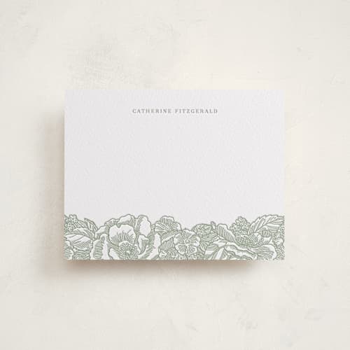 This is a olive personalized stationery thank you cards with letterpress by Brandy Folse called flower garden printing on white cotton in standard