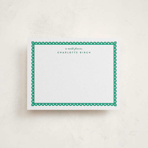 This is a emerald personalized stationery thank you cards with letterpress by Olivia Raufman called whitby scallop printing on white cotton in standard
