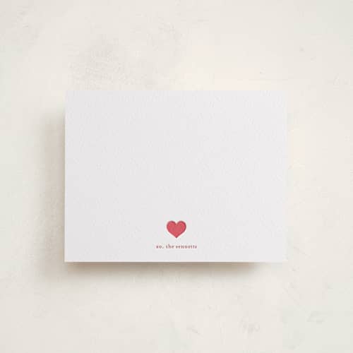 This is a maraschino personalized stationery thank you cards with letterpress by Stacey Meacham called minimal heart printing on white cotton in standard