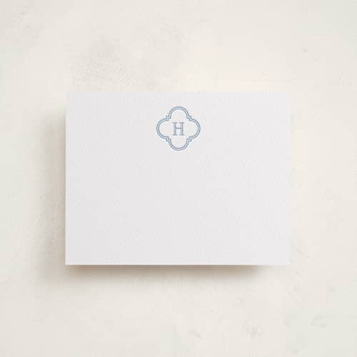 This is a robin's egg personalized stationery thank you cards with letterpress by Angela Garrick called initial tile printing on white cotton in standard