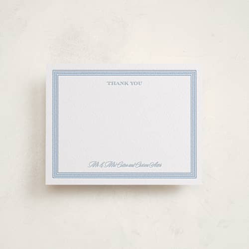 This is a robin's egg personalized stationery thank you cards with letterpress by Jenna Holcomb called grosgrain border printing on white cotton in standard