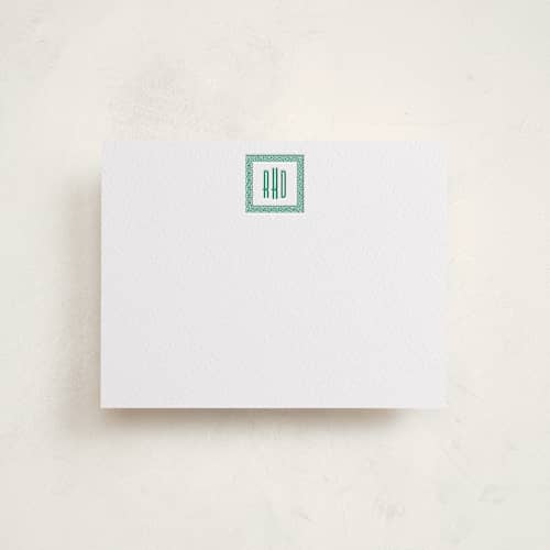 This is a emerald personalized stationery thank you cards with letterpress by Olivia Raufman called foursquare monogram printing on white cotton in standard