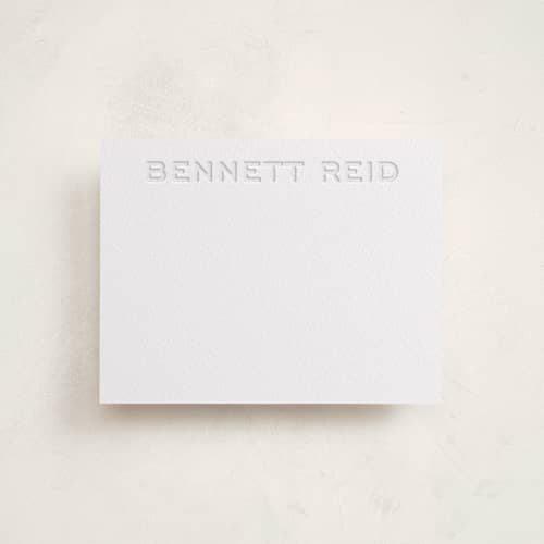 This is a blind deboss personalized stationery thank you cards with letterpress by Megan Davis called crewneck printing on white cotton in standard