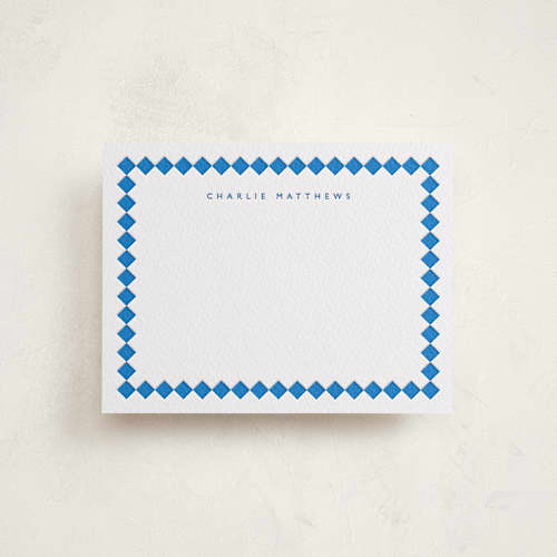 This is a marine blue personalized stationery thank you cards with letterpress by Pippa Shaw called azulejo printing on white cotton in standard