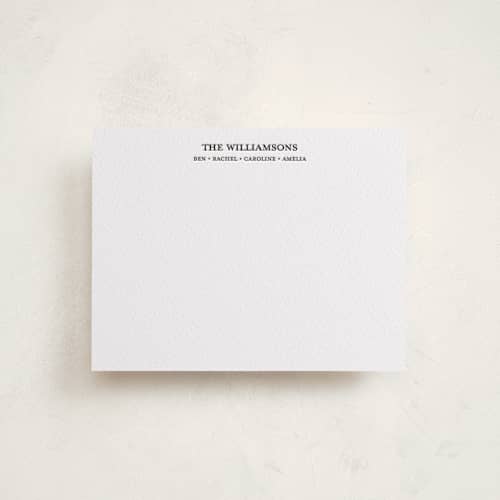 This is a soft black personalized stationery thank you cards with letterpress by Beth Vassalo called simply established printing on white cotton in standard