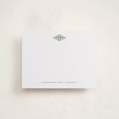This is a artichoke personalized stationery thank you cards with letterpress by Jenna Holcomb called diamond monogram printing on white cotton in standard