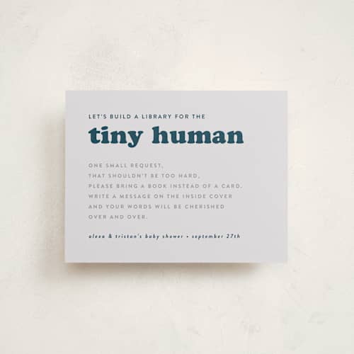 This is a whale baby shower insert cards with standard by Corinne Malesic called tiny human printing on signature in standard