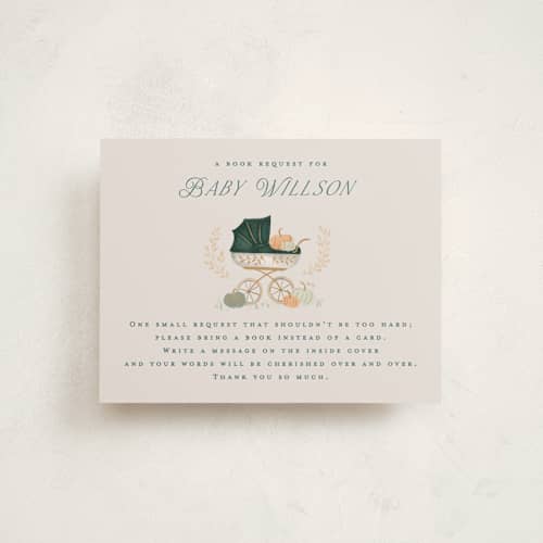 This is a pumpkin baby shower insert cards with standard by Petra Kern called pumpkin stroller printing on signature in standard