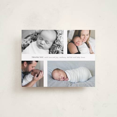 This is a powder baby thank you cards with standard by Simona Camp called filled with love printing on signature in standard