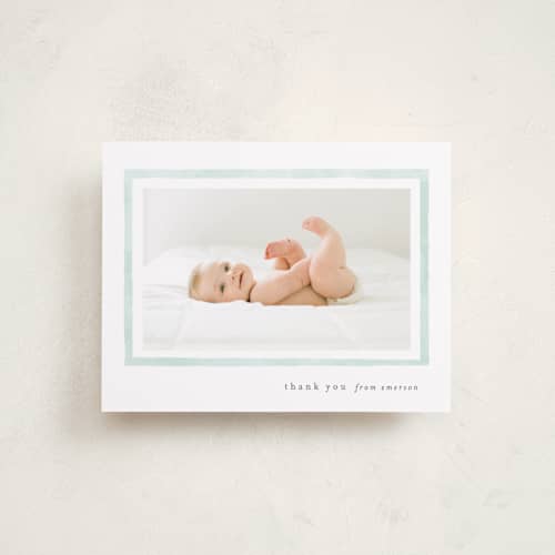 This is a mint baby thank you cards with standard by Lauren Chism called golightly printing on signature in standard