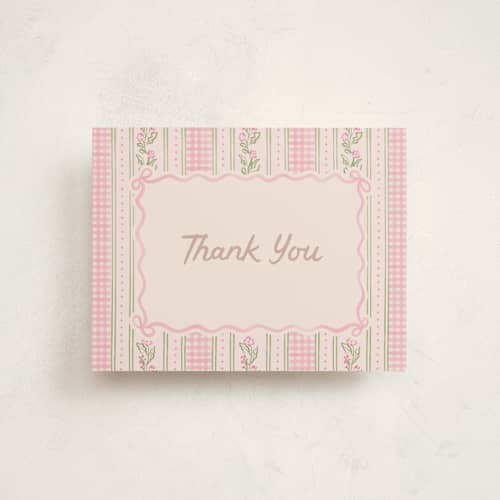 This is a ballet slipper baby thank you cards with standard by Creo Study called cottagecore wallpaper printing on signature in standard