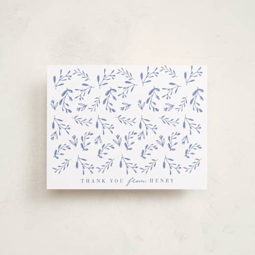 This is a cobalt blue baby thank you cards with standard by Susan Brown called classic baby monogram printing on signature in standard