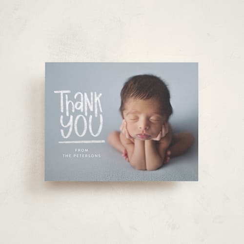 This is a chalk baby thank you cards with standard by Amy Payne called new kid printing on signature in standard