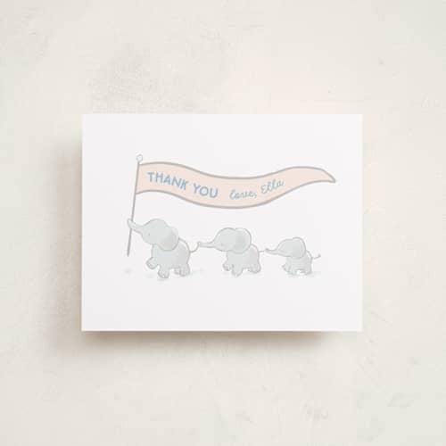 This is a sky baby thank you cards with standard by peetie design called elephant parade printing on signature in standard
