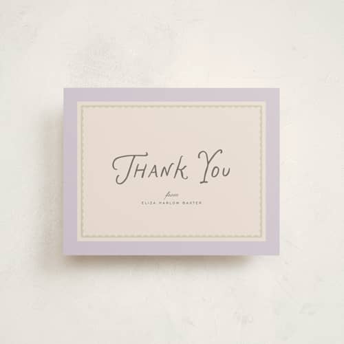 This is a grape baby thank you cards with standard by Everett Paper Goods called dolce printing on signature in standard
