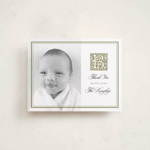 This is a basil baby thank you cards with standard by Heather Schertzer called gothic printing on signature in standard