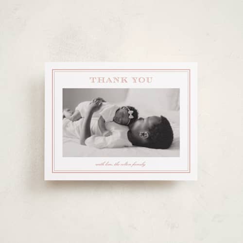 This is a ballet slipper baby thank you cards with standard by Stacey Meacham called engraved printing on signature in standard