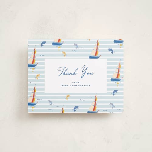 This is a maritime baby thank you cards with standard by Corinne Malesic called little sail boat printing on signature in standard