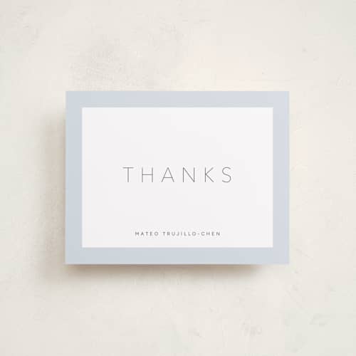 This is a powder baby thank you cards with standard by Olivia Raufman called quattro printing on signature in standard