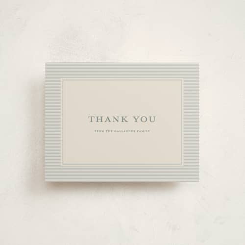 This is a powder baby thank you cards with standard by Ellen Schlegelmilch called pinstripe printing on signature in standard