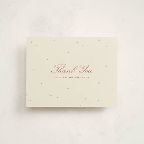 This is a peach baby thank you cards with standard by Ellen Schlegelmilch called tiny polka dots printing on signature in standard