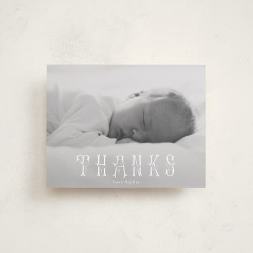 This is a clouds baby thank you cards with standard by Lori Wemple called sophia printing on signature in standard