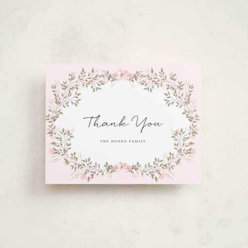 This is a blush baby thank you cards with standard by Susan Moyal called sweet floral vine printing on strathmore in standard