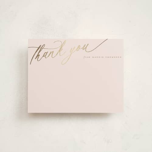 This is a caramel foil stamped stationery with foil pressed by Carolyn MacLaren called elegant thanks printing on signature in 4.25x5.5