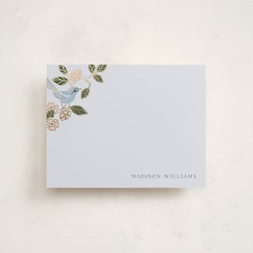 This is a turquoise foil stamped stationery with foil pressed by Ana de Sousa called beautiful bird printing on signature in 4.25x5.5