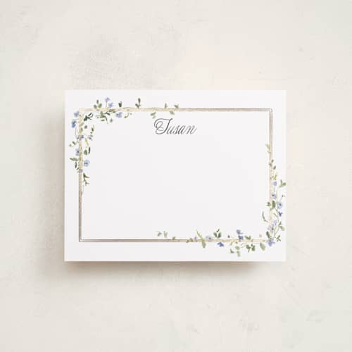 This is a bluebell foil stamped stationery with foil pressed by Everett Paper Goods called flowering vine printing on signature in 4.25x5.5