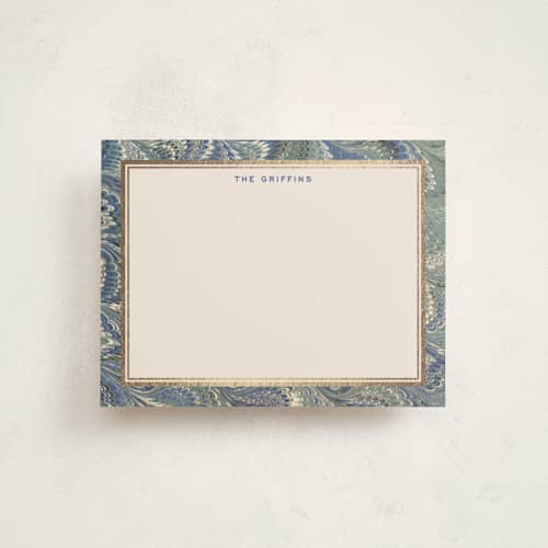 This is a blue spruce foil stamped stationery with foil pressed by Jenna Holcomb called marbled printing on signature in 4.25x5.5